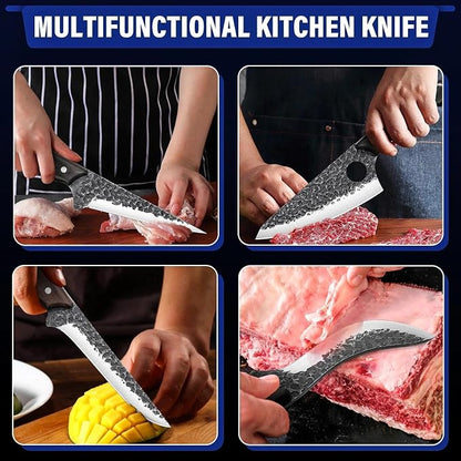 TAN REN 7PCS BBQ Knife Set, Professional Butcher Knives for Meat Cutting, Hand Forged Serbian Chef Knife, Viking, Boning, Skinning Knives & Poultry Shears, Idea Gift for Men Kitchen Outdoor Cooking