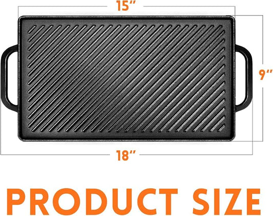 GGC Cast Iron Reversible Griddle, Double-sided Griddle Pan for Indoor and Outdoor Cooking, 15 x 9 Griddle Plate with Flat and Ribbed Side for Stove Tops, Gas Grills and Camping