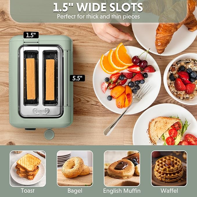 BUYDEEM DT620 2-Slice Toaster, 7 Shade Settings, Extra Wide 1.5'' Slots for Bagel & English Muffin, 6 Toasting Functions, Retro Stainless Steel Toaster with High Lift Lever, Cozy Greenish