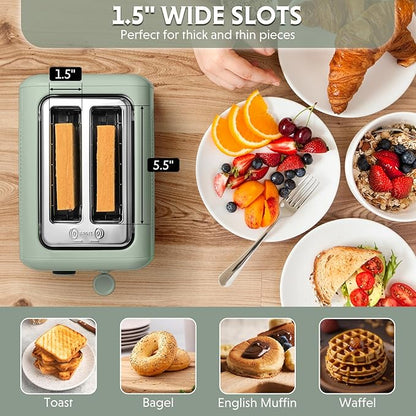 BUYDEEM DT620 2-Slice Toaster, 7 Shade Settings, Extra Wide 1.5'' Slots for Bagel & English Muffin, 6 Toasting Functions, Retro Stainless Steel Toaster with High Lift Lever, Cozy Greenish