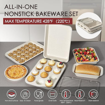 Kikcoin Pots and Pans Set Non Stick 31 Piece Kitchen Nonstick Cooking Cookware Sets with Grill Pan Saucepan Baking Sheet Utensil, Cream White