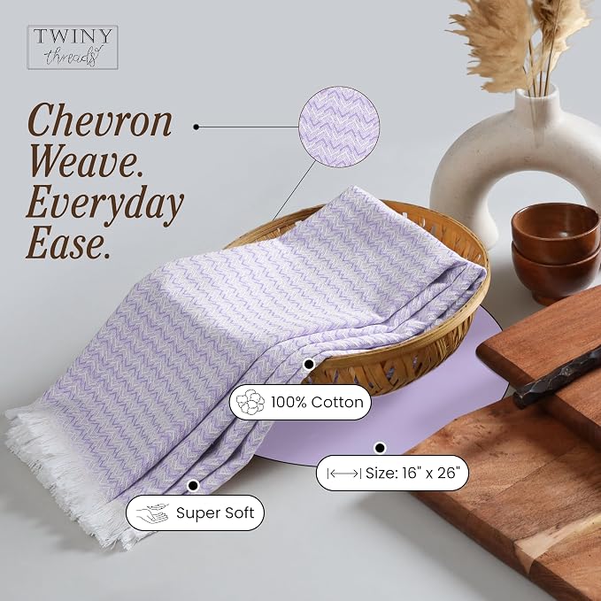 TWINY threads Kitchen Towel Chevron Pattern, Premium Large Kitchen Linen Set, 100% Cotton Wash Rags, Absorbent Quick Drying Cloths, Washable Reusable Multi Purpose, Set of 12, 16x26 Inches, Lavender