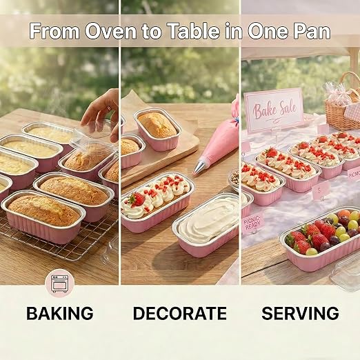 YQER 100 Pack Pink Mini Cake Pans with Lids and Spoons, 6.8oz Disposable Aluminum Foil Mini Loaf Pans Cake Tins with Stickers and Reusable Decorating Set for Small Cakes, Baby Shower, Gift and Parties