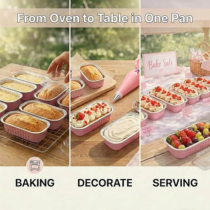 YQER Mini Loaf Pans with Lids for Baking Bread Disposable, 50Pcs 6.8oz Mini Cake Pans with Lids and Spoons Pink Sticker & 30Pcs 10oz Square Aluminum Pans Kit, Dessert Foil Baking Cupcake Tins