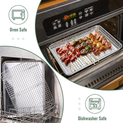 Homikit Half Baking Sheet with Wire Rack (1 Pan+1 Rack), 18" x 13" Stainless Steel Cookie Sheet Pan with Grid Cooling Rack Set for Baking, Large Bacon Tray for Oven Cooking Roasting, Dishwasher Safe