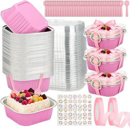 245 PCS 10 oz Mini Cake Pans with Lids, 60 Pack 4.4x4.4 Large Aluminium Foil Pan Mini Cake Tins with Lids and Spoons, Square Individual Baking Pan Cup for Wedding Birthday Party Picnics
