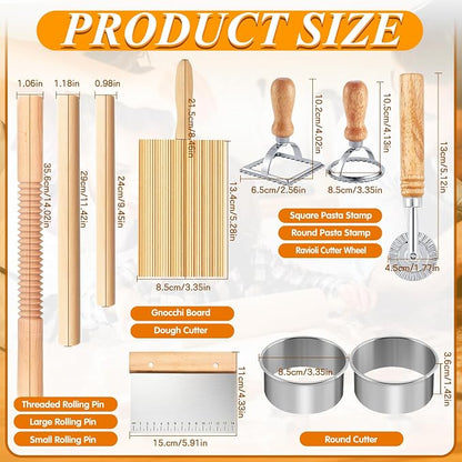 Pasta Making Tools, 10 Pcs Wood Pasta Making Kit with 3 Rolling Pins, 1 Gnocchi Board, 1 Dough Cutter, 1 Ravioli Cutter, 2 Pasta Stamps, 2 Round Cutter, Ravioli Pasta Cutter Set for Pasta Maker