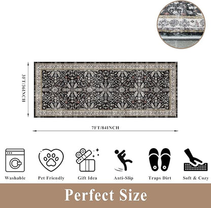 3x7 Washable Non-Slip Kitchen Runner Rug – Soft Low-Pile Stain-Resistant Carpet for Hallway Entryway Bedroom Laundry Room Bathroom – Boho Floral Wide Floor Runner with Rubber Backing (Black,3x7)