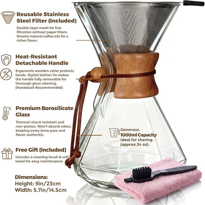 AGOGO Pour Over Coffee Maker Glass - Barista Kit with 304 Stainless Filter for Home, Office, Camping, Cafes - Easy Clean Coffee Dripper Set (Soft Towel&Brush) (34oz Diamond Design w/SS Filter)