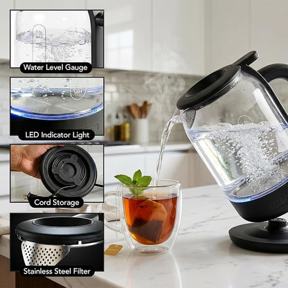 OVENTE Electric Kettle with 1.5L Borosilicate Glass, 1500W Fast Boiling Water Heater for Coffee or Tea, Easy to Fill Lid, Auto Shut-Off, Boil-Dry Protection & Stainless Steel Filter, Black KG516B