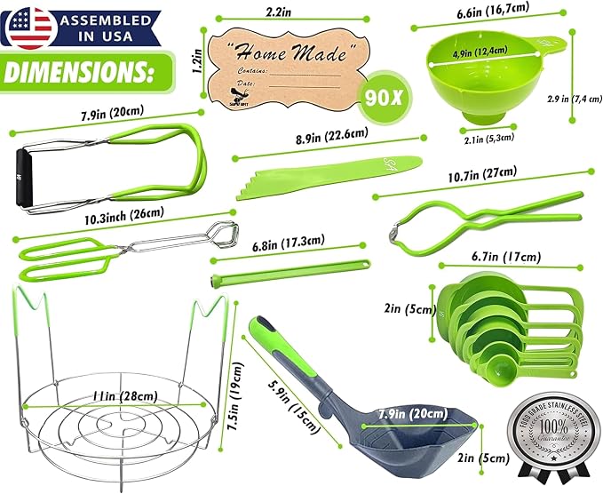 Supa Ant Complete Canning Starter Kit – 10pc Food-Grade Steel Set with XL Ladle, 6 Measuring Cups, Jar Lifter, Wide Mouth Funnel, Canning Rack (7-Jar Capacity) & 90 Labels –Beginner-Friendly, Green
