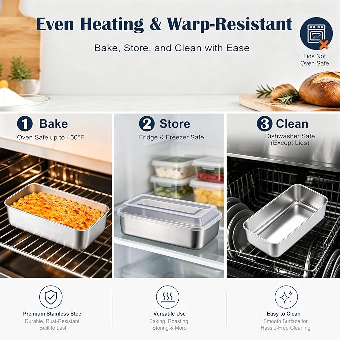 E-far Loaf Pan with Lid, 9 x 5 Inch Stainless Steel Bread Pan for Homemade Bread, Rectangle Baking Tin for Sourdough, Meatloaf, Banana Cake, Nontoxic & Dishwasher Safe