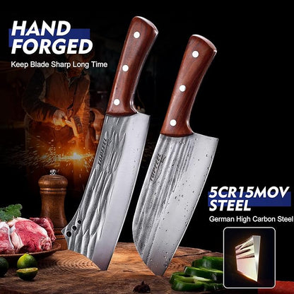 Topfeel 2PCS Meat Cleaver & Heavy Duty Bone Chopper Knife Set, Hand Forged German High Carbon Stainless Steel Butcher Knife for Home Kitchen & Outdoor