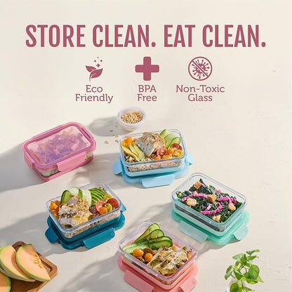 Ello Duraglass Refresh 3.4 Cup Meal Prep Sets 10Pc, 5 Pack Set- Glass Food Storage Container with Silicone Boot and Airtight BPA-Free Plastic Lids, Dishwasher, Microwave and Freezer Safe, Melon