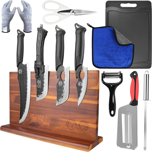 XYJ Kitchen Knife Block Set, High Carbon Steel Blades, Chef Knives Set with Knife Holder, Sharpening Stick, Scissors, Cutting Board, Gloves, Boning Slicing Knives, Ergonomic Handle