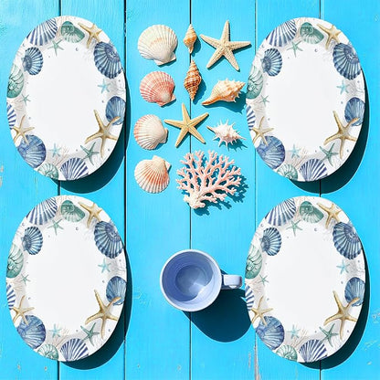 50Pcs Coastal Beach Oval Paper Plates 10" x 12" Large Disposable Heavy Duty Ocean Seashell Starfish Dessert Platters for Under the Sea Summer Hawaiian Picnic BBQ Holiday Birthday Party Decorations