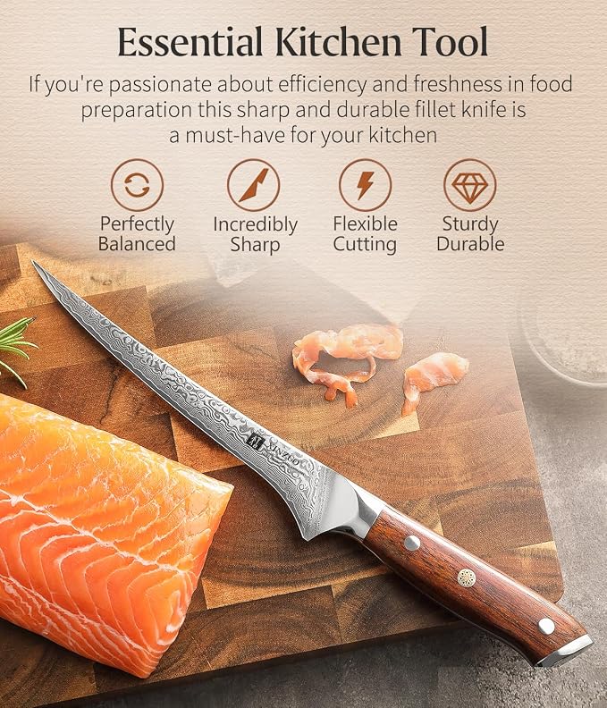 XINZUO 7 Inch Fillet Knife, Damascus Steel with 10Cr15MoV Core, Razor Sharp Boning Knife for Fish, Meat & Seafood, Rosewood Handle