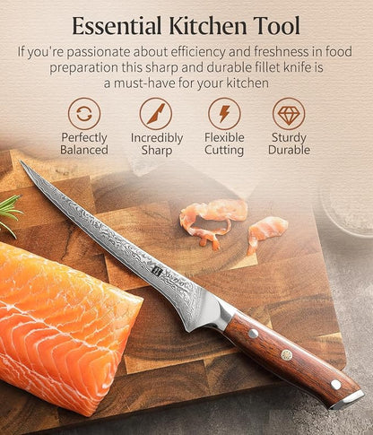 XINZUO 7 Inch Fillet Knife, Damascus Steel with 10Cr15MoV Core, Razor Sharp Boning Knife for Fish, Meat & Seafood, Rosewood Handle