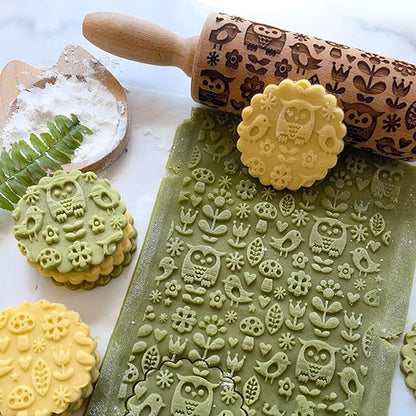 Embossed Rolling Pin for Baking, Wooden Decorative Embossing Cookie Roller for Kitchen(Type A10)