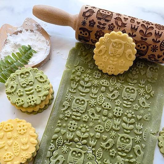 Embossed Rolling Pin for Baking, Wooden Decorative Embossing Cookie Roller for Kitchen(Type A10)