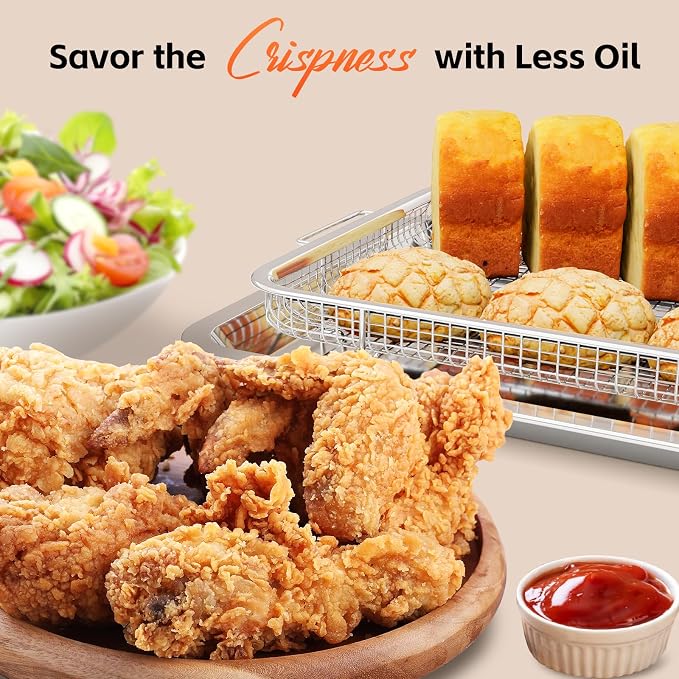 Air Fryer Basket for Oven, 2 Set Oven Air Fryer Basket and Tray with Cooking Guide&60 PCS Parchment Papers,DEGOVIN Crisper Tray Non-stick Stainless Steel Air Fry Pans for Convection Oven(Large+Medium)