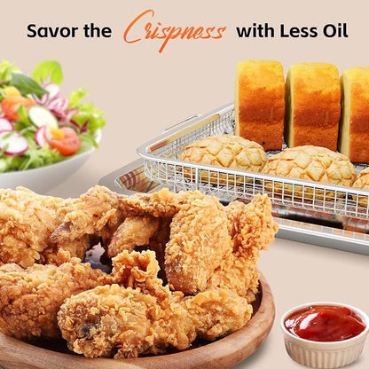 Air Fryer Basket for Oven, 2 Set Oven Air Fryer Basket and Tray with Cooking Guide&60 PCS Parchment Papers,DEGOVIN Crisper Tray Non-stick Stainless Steel Air Fry Pans for Convection Oven(Large+Medium)