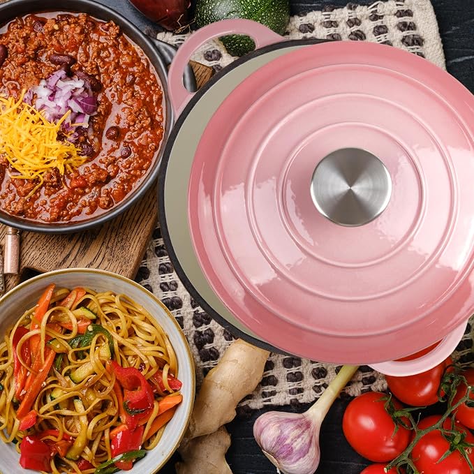 6 Quart Dutch Oven Enameled Cast Iron with Lid - Big Dual Handles - Oven Safe up to 500°F - Classic Round Pot for Versatile Cooking Pink