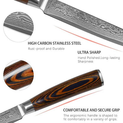 Damascus Utility Knife 5.5" Chef Knife Kitchen VG10 Stainless Steel Core 67-Layer Hand Forged Razor Sharp Edge Ergonomic Handle Precision Slicing Boning Trimming Carving Gift Idea