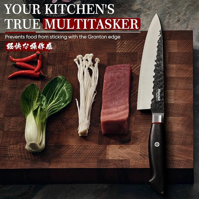 Huusk Professional Japanese Chef Knife - Hand Forged VG10 Kitchen Knives for Meat & Veggie Precise Slicing 8 inch Gyuto with Ergonomic Ebony Handle Premium Wooden Gift Box