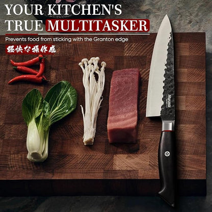 Huusk Professional Japanese Chef Knife - Hand Forged VG10 Kitchen Knives for Meat & Veggie Precise Slicing 8 inch Gyuto with Ergonomic Ebony Handle Premium Wooden Gift Box