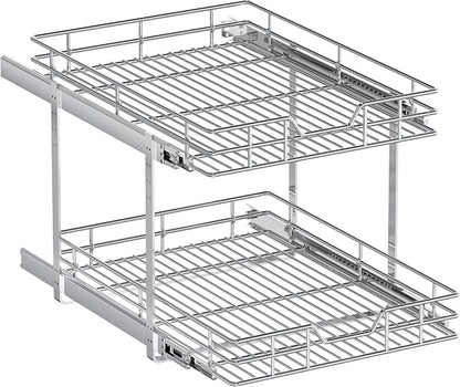 2-Tier Pull Out Cabinet Organizer, 16.5" W x 21.5" D, Heavy Duty Dual Slide Out Shelves for Base Cabinets, Chrome Wire Basket Drawer for Pantry, Kitchen & Bathroom Storage