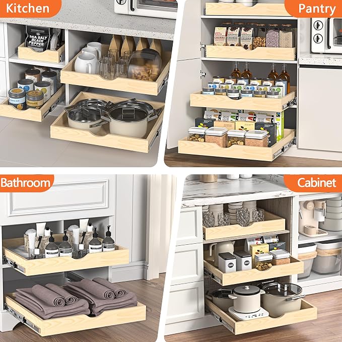 ZOINLIY 27''W X 21''D X 3''H Wooden Pull Out Drawer for Cabinet, Cabinet Organizer for Kitchen, Soft Close Slide Out Shelves, Heavy Duty, Full-Extension