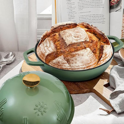 Flavehc Cast Iron Bread Oven With Cloche Lid for Baking - Red Enameled Dutch Oven With Dome Lid for Sourdough - 5 qt