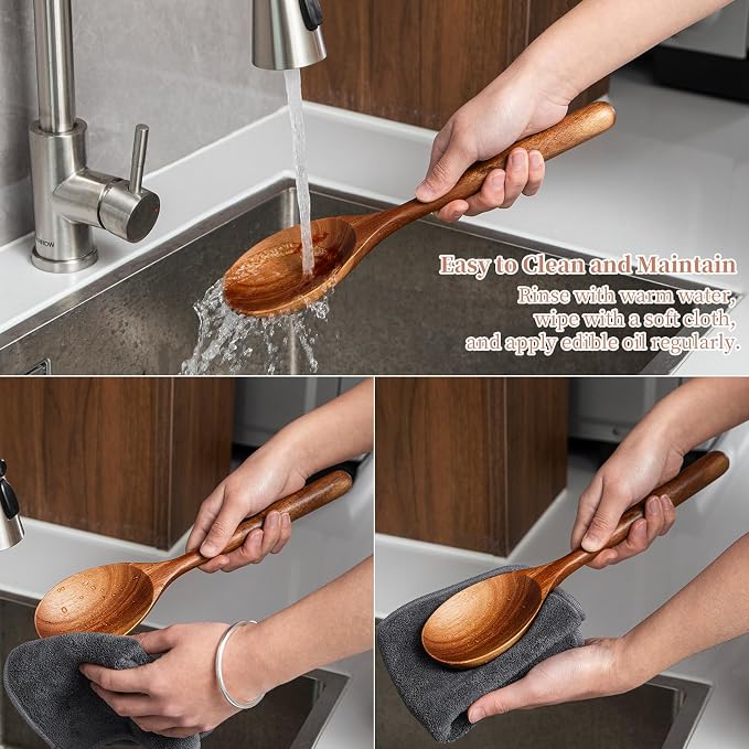Wooden Cooking Spoons, 2 PCS Large Wooden Spoons for Cooking Natural Wood Spoons Heat Resistant Non Stick for Mixing, Baking, Serving and Stirring