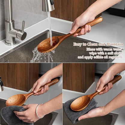 Wooden Cooking Spoons, 2 PCS Large Wooden Spoons for Cooking Natural Wood Spoons Heat Resistant Non Stick for Mixing, Baking, Serving and Stirring