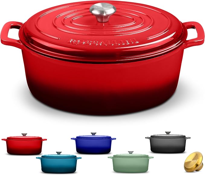 ROSSALLINI Signature Enameled Cast Iron Oval Dutch Oven | Non-Stick Serving Pot with Tight Fitting Lid for Perfect Roasting, Baking, Sauteing, and Bread Making | 6.75Q [Red]