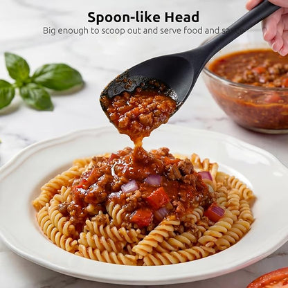 600ºF Heat Resistant Spatula Spoon: U-Taste Flexible Silicone Cooking Scoop Spoonula, Serving Mixing Scraping Food in Non-Stick Pan Cookware, Seamless Multifunctional Kitchen Utensil (Black)