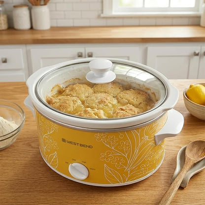 West Bend 4-Quart Manual Slow Cooker with 3 Cooking Settings, Dishwasher-Safe Ceramic and Glass Lid, 210 Watts, Yellow