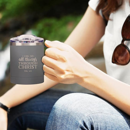 Christian Art Gifts Stainless Steel Double Wall Vacuum Insulated Camp Style Travel Mug 11 oz Gray Coffee Mug with Lid and Handle for Men and Women - All Through Christ -Philippians 4:13