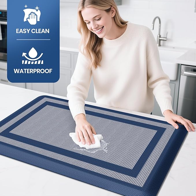 KitchenClouds [2 PCS Kitchen Rugs Cushioned Anti-Fatigue Kitchen Mats for Floor Waterproof Kitchen Rug Set Non-Slip Comfort Standing Mat for Office, Sink, Laundry 20"×30"+20"×47",Blue