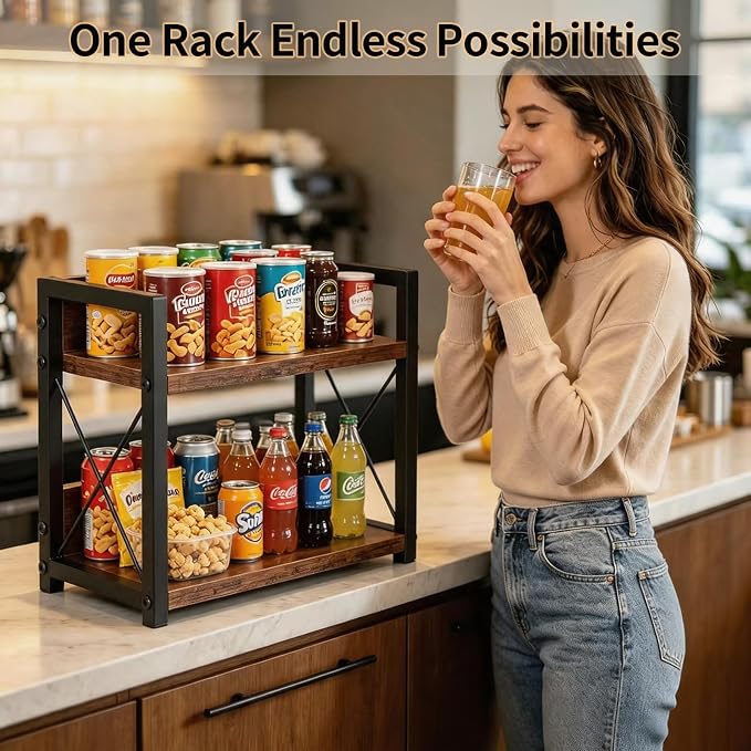 2-Tier Countertop Organizer, Iron-Wood Coffee Station Shelf, Heavy Duty Kitchen Counter Spice Rack for Coffee Bar, Pantry, Bathroom Storage(Brown)