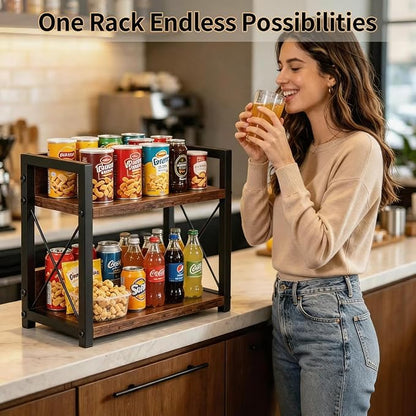 2-Tier Countertop Organizer, Iron-Wood Coffee Station Shelf, Heavy Duty Kitchen Counter Spice Rack for Coffee Bar, Pantry, Bathroom Storage(Brown)