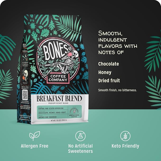 Bones Coffee Company Breakfast Blend, Chocolate, Honey and Dried Fruit Notes, Unflavored Coffee, Medium Roast Low Acid Arabica Beans Compatible with Auto drip and French Press Coffee Maker, 12 Oz Whole Bean