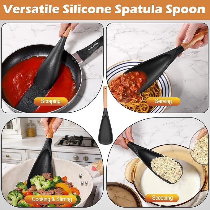 Cooking Spoon Set with Wooden Handle, Heat-Resistant Kitchen Utensils for Stirring, Mixing, Serving, Non-Stick Cookware (BLACK - 1Pack)