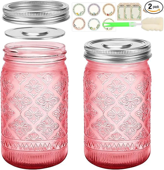 Pink Mason Jars 32 oz with Stainless Steel Leakproof Lids, 2 Pack Wide Mouth Colored Glass Jars for DIY Crafts, Wedding Centerpieces, Home Decor, Flower Vase, Bathroom Storage