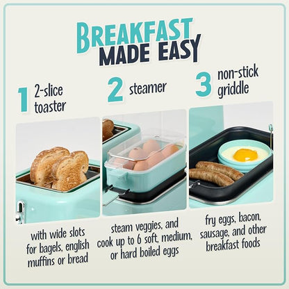 Nostalgia Classic Retro 3-in-1 Breakfast Station, 2-Wide Slot Toaster With Adjustable Toasting Control, Non-Stick Griddle, 6 Capacity Egg Cooker With Lid