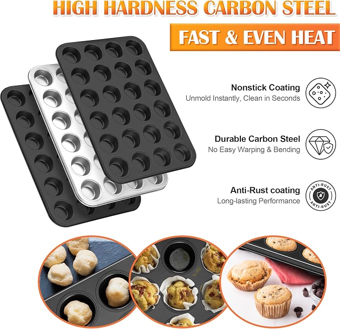 E-far 4 Pack Mini Muffin Pan 24-Cup - Nonstick Carbon Steel Cupcake Tin Tray for Little Bites & Freezer Prep | Warp-Free Bakeware Ensures Even Baking & Effortless Release, Regular Size & Oven Safe