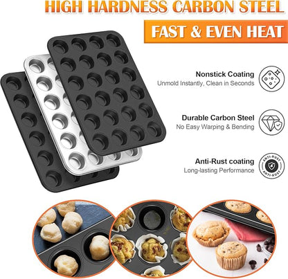 E-far 4 Pack Mini Muffin Pan 24-Cup - Nonstick Carbon Steel Cupcake Tin Tray for Little Bites & Freezer Prep | Warp-Free Bakeware Ensures Even Baking & Effortless Release, Regular Size & Oven Safe