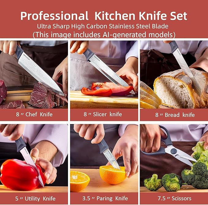 RAXCO Kitchen Knife Set,10-Piece Stainless Steel Knife Set with Block,Gray | Pro-Sharpened Kitchen Knives,Space-saving Compact Organizer for Small Kitchen,RV,Apartment and Dorm