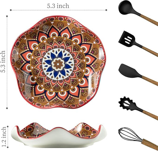 Miamolo Spoon Rest for Stove Top, 5.3in Spoon Holder Utensil Rest, Ceramic Spoon Rests for Kitchen Counter Bohemian Style Cooking Gift for Housewarming